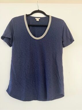 J. Crew Navy Short-Sleeve Shirt with Silver Beaded Neck